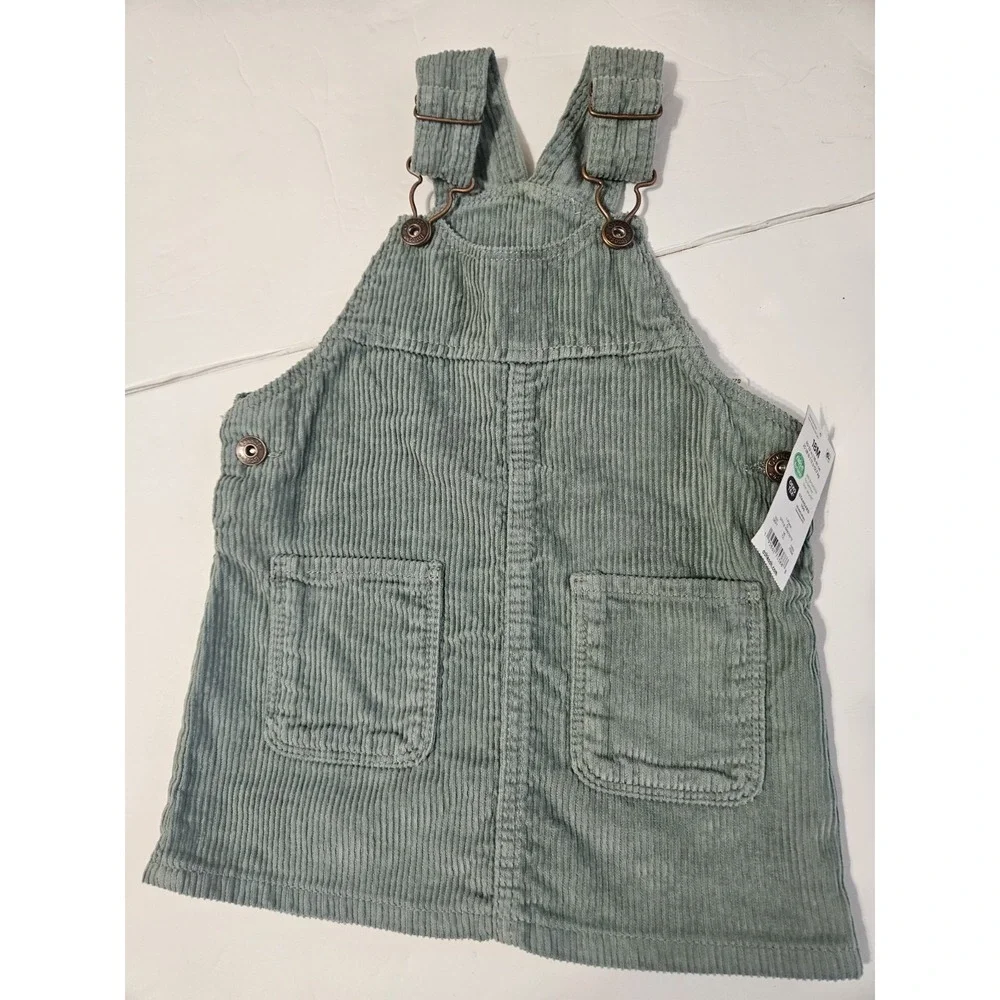 OshKosh B'gosh Girls Green Corduroy Overall Dress w/ Pockets 18 Months School